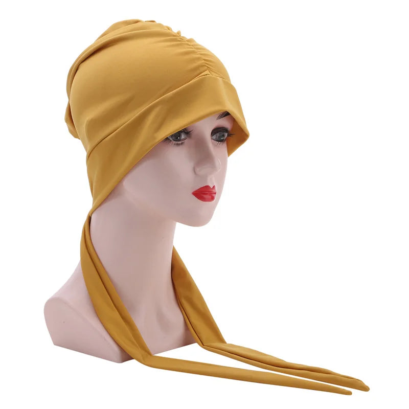 Muslim Women Stretch Solid Color Wrinkle Turban Hat Cancer Chemo Beanies Caps Pre-Tied Scarf Headwear Hair Accessories