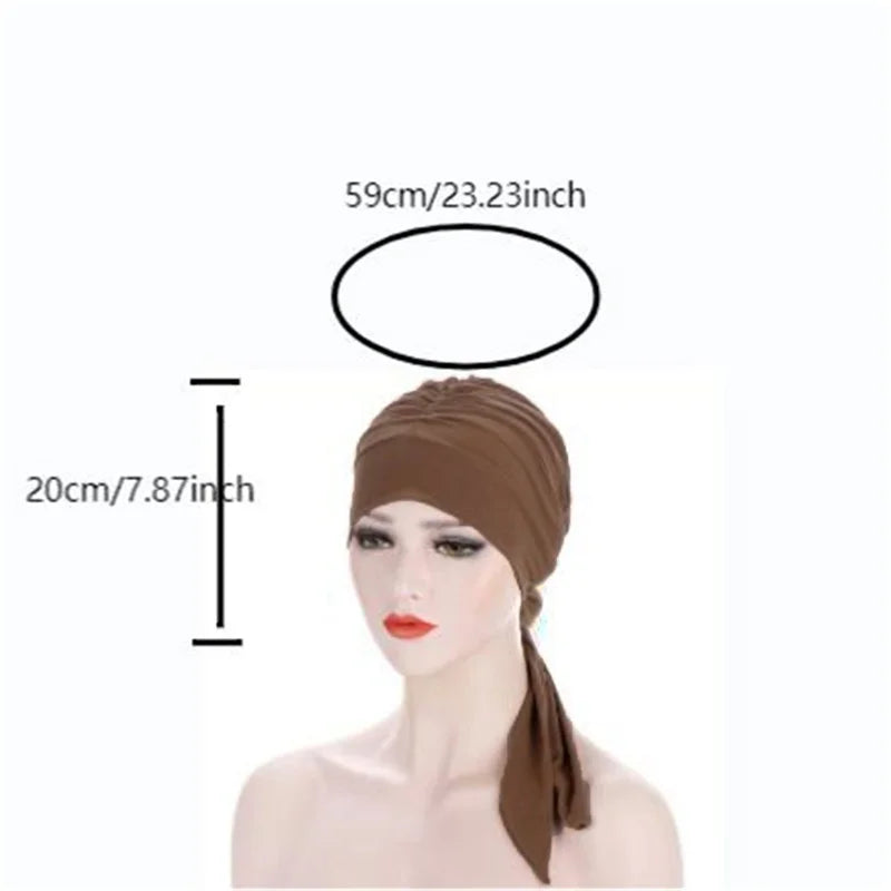 Muslim Women Stretch Solid Color Wrinkle Turban Hat Cancer Chemo Beanies Caps Pre-Tied Scarf Headwear Hair Accessories