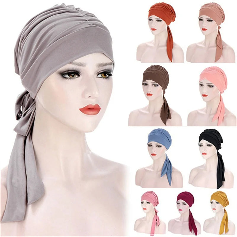 Muslim Women Stretch Solid Color Wrinkle Turban Hat Cancer Chemo Beanies Caps Pre-Tied Scarf Headwear Hair Accessories