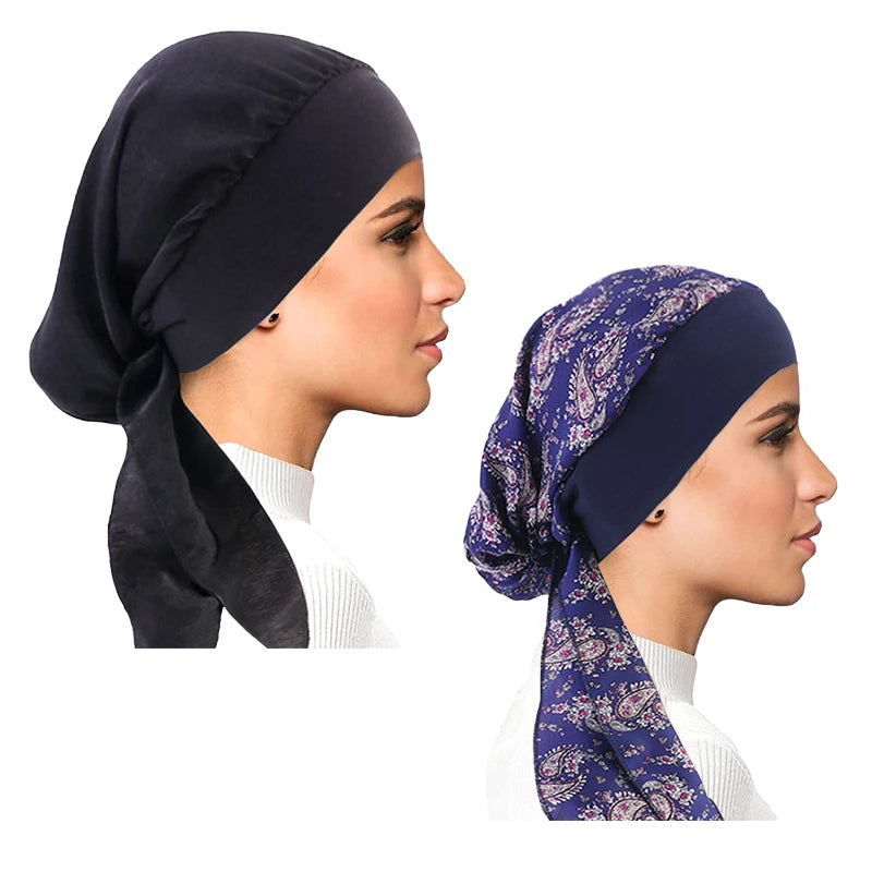 2PCS/LOT Women Muslim Pre-Tied Turban Cap Headscarf Hijab Chemo Hat Hair Loss Headscarf Wrap Strech Bandana Hair Accessories