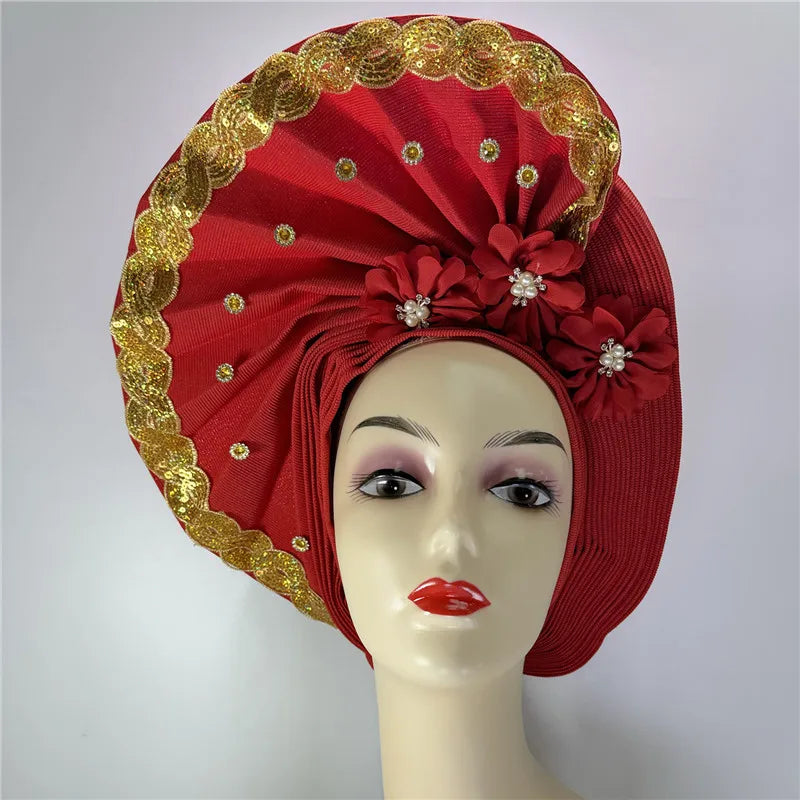 latest aso oke auto gele headtie Already Handmade African Cap Nigerian Wedding Gele Women Braid Turbans Ladies head Wraps 7L0981