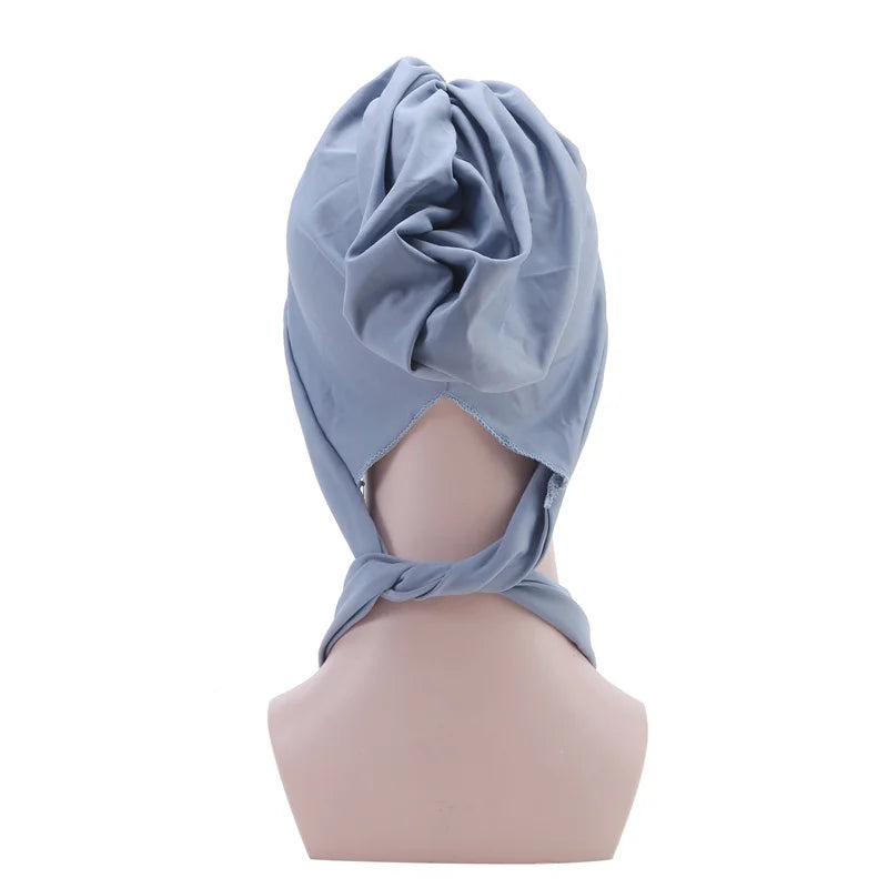 Muslim Women Stretch Solid Color Wrinkle Turban Hat Cancer Chemo Beanies Caps Pre-Tied Scarf Headwear Hair Accessories