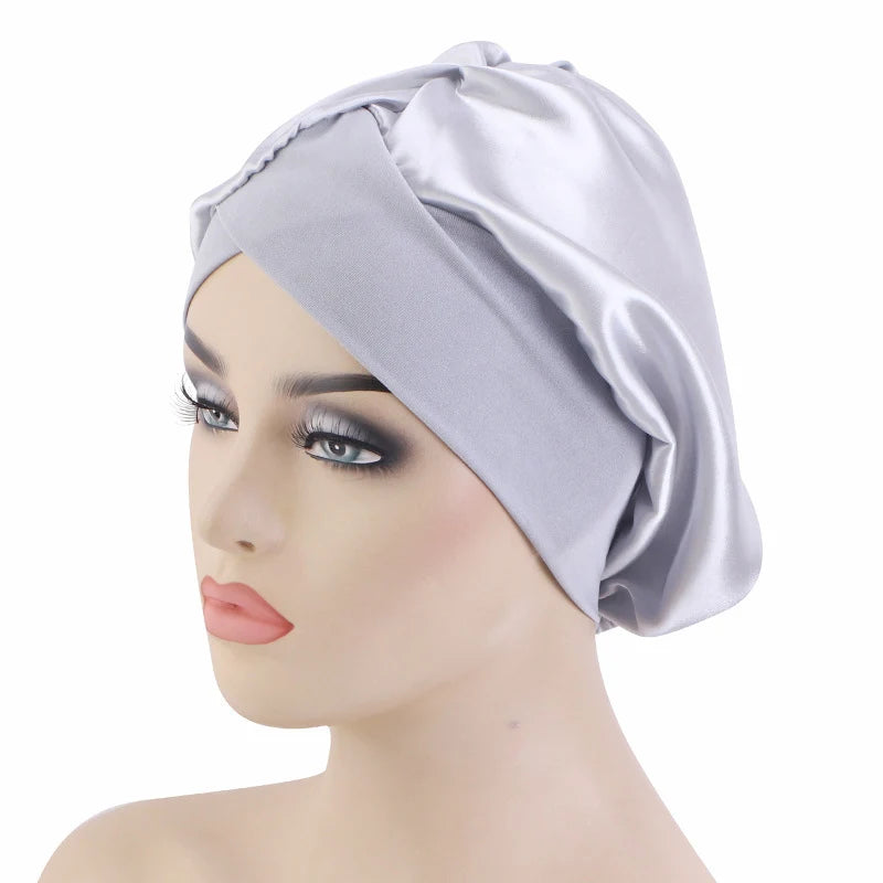 New Women Satin Bonnet Wide Stretch Band Hair Care Comfortable Lady Night Sleep Hat Adjust Hair Styling Cap Head Wrap