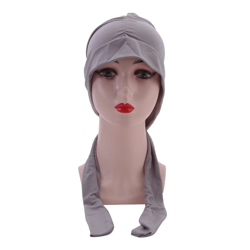 Muslim Women Stretch Solid Color Wrinkle Turban Hat Cancer Chemo Beanies Caps Pre-Tied Scarf Headwear Hair Accessories