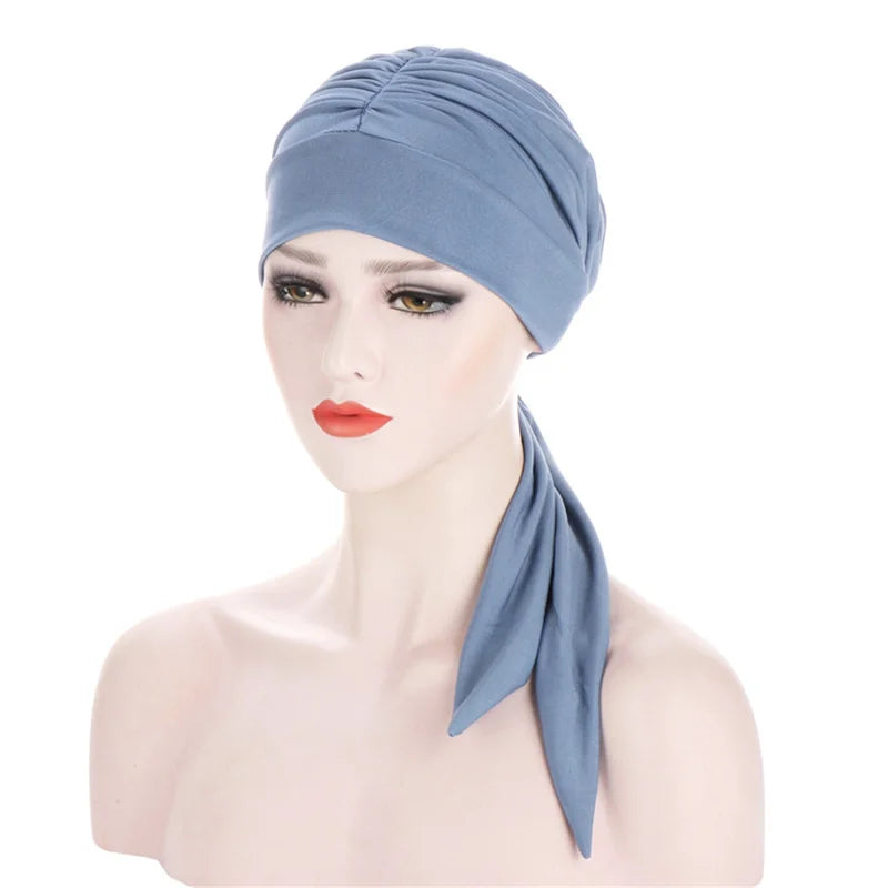 Muslim Women Stretch Solid Color Wrinkle Turban Hat Cancer Chemo Beanies Caps Pre-Tied Scarf Headwear Hair Accessories