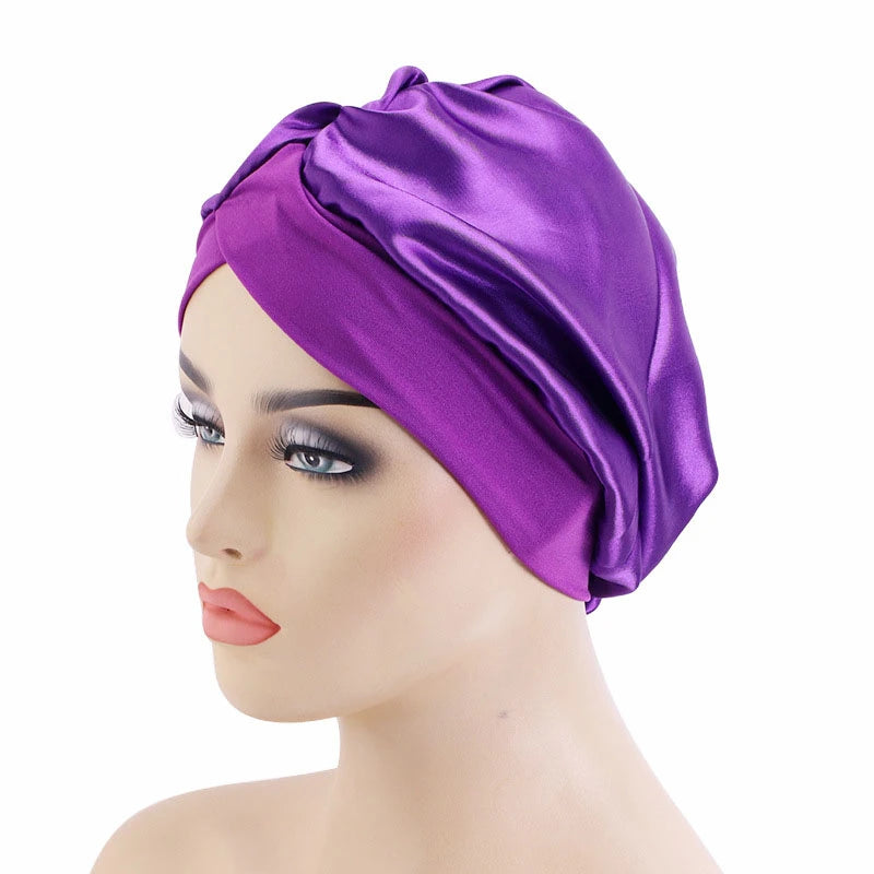 New Women Satin Bonnet Wide Stretch Band Hair Care Comfortable Lady Night Sleep Hat Adjust Hair Styling Cap Head Wrap