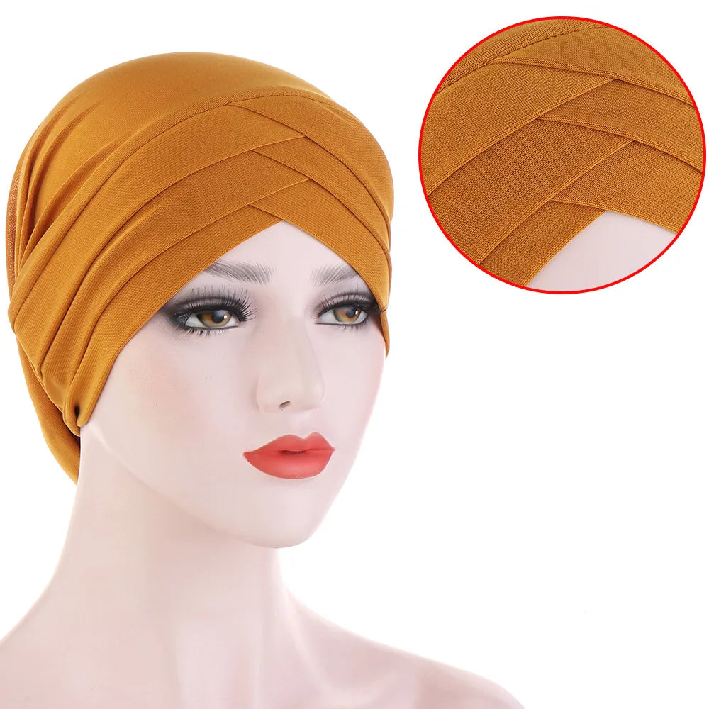 Forehead Cross Muslim Turban Pure Color Stretch Cotton Inner Hijabs For Caps Ready To Wear Women Head Scarf Under Hijab Bonnet