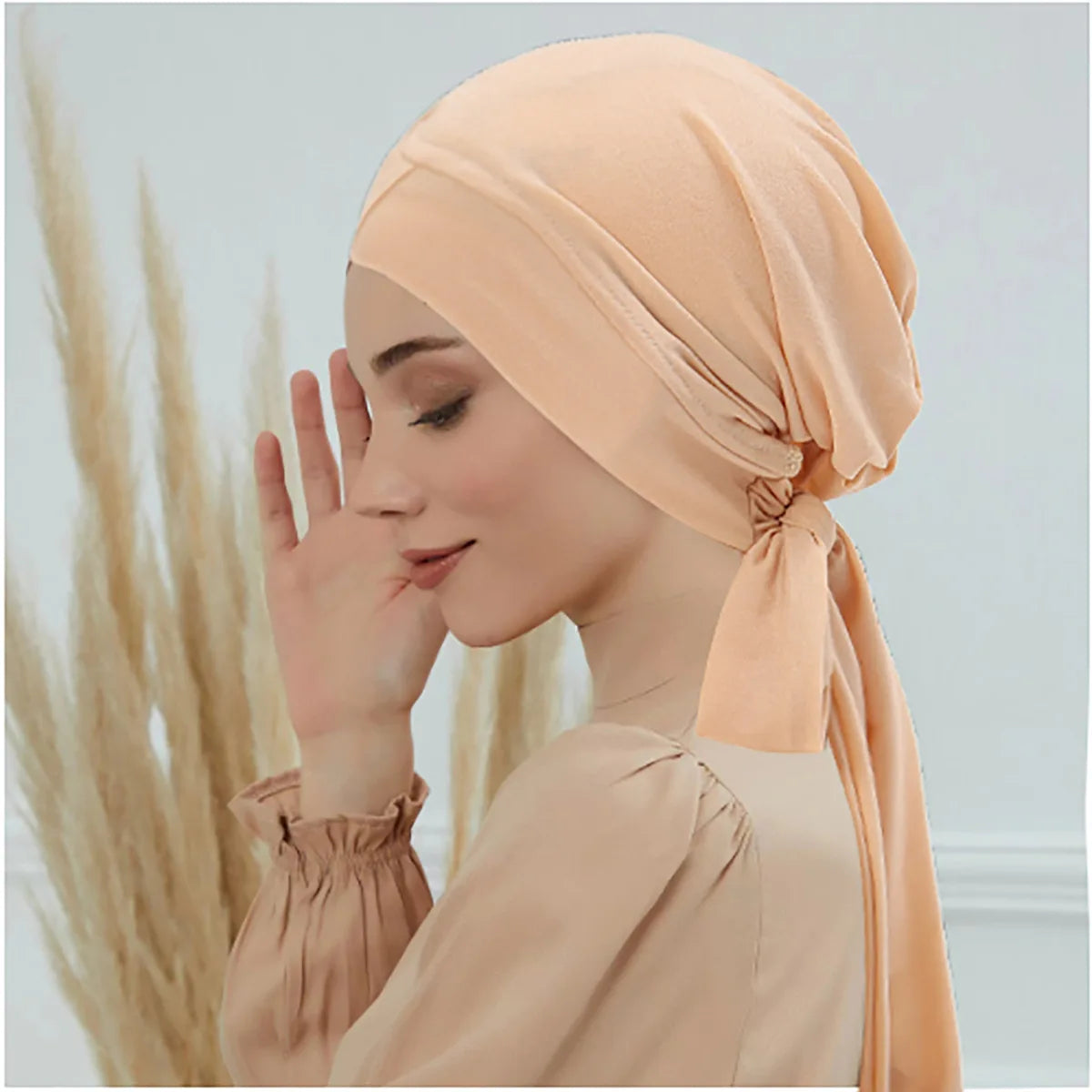 Crossed Forehead Women's Hijab Solid Color Muslim Ladies Turban Bonnet Long Tail Head Wrap Head Scarf Indian Hats