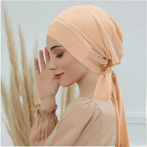 Crossed Forehead Women's Hijab Solid Color Muslim Ladies Turban Bonnet Long Tail Head Wrap Head Scarf Indian Hats