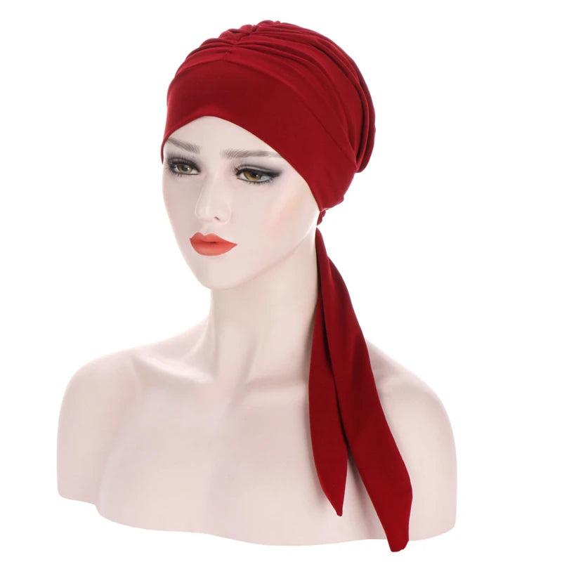 Muslim Women Stretch Solid Color Wrinkle Turban Hat Cancer Chemo Beanies Caps Pre-Tied Scarf Headwear Hair Accessories