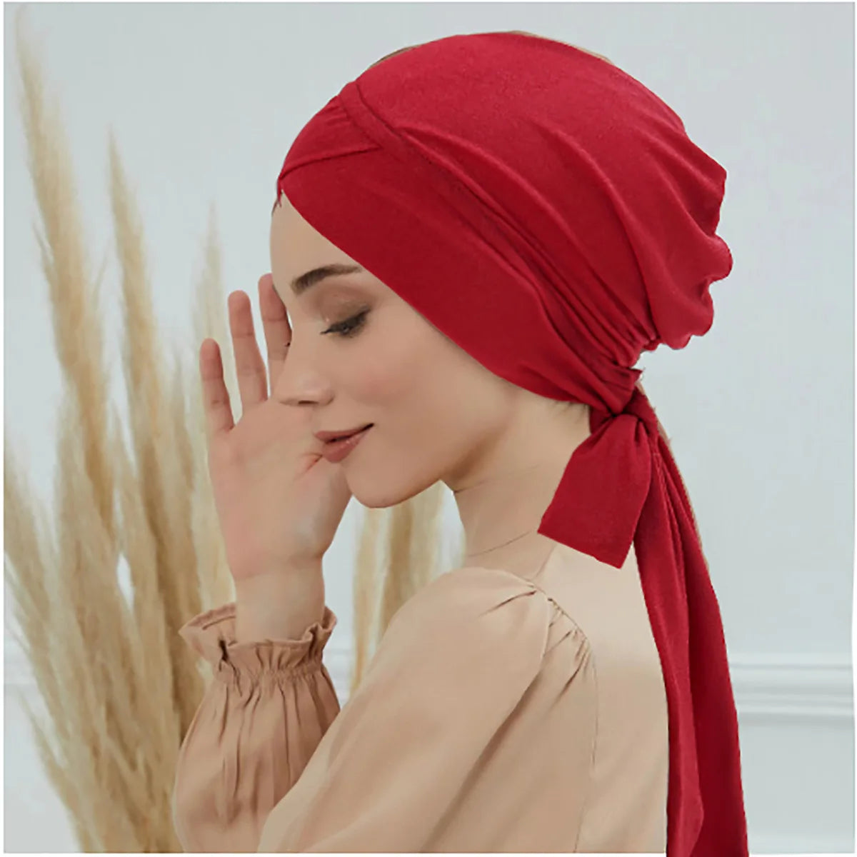 Crossed Forehead Women's Hijab Solid Color Muslim Ladies Turban Bonnet Long Tail Head Wrap Head Scarf Indian Hats