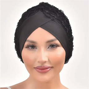 Fashion Women Ruffle Lace Turban Cap Elastic Islamic Female Solid Color Head Wraps Muslim Headscarf Lady Beanie Caps