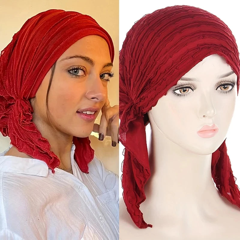 2024 New Women's Hijab Ruffle Trim Breathable Pleated Head Scarf Cap Breathable Hair Cap Fashionable Turban Multicolor Available
