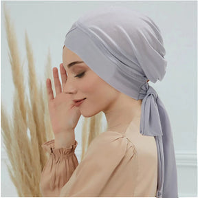 Crossed Forehead Women's Hijab Solid Color Muslim Ladies Turban Bonnet Long Tail Head Wrap Head Scarf Indian Hats