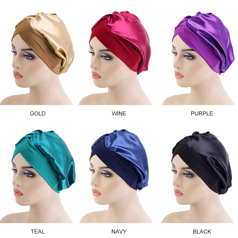 New Women Satin Bonnet Wide Stretch Band Hair Care Comfortable Lady Night Sleep Hat Adjust Hair Styling Cap Head Wrap