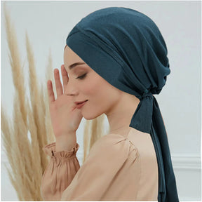Crossed Forehead Women's Hijab Solid Color Muslim Ladies Turban Bonnet Long Tail Head Wrap Head Scarf Indian Hats