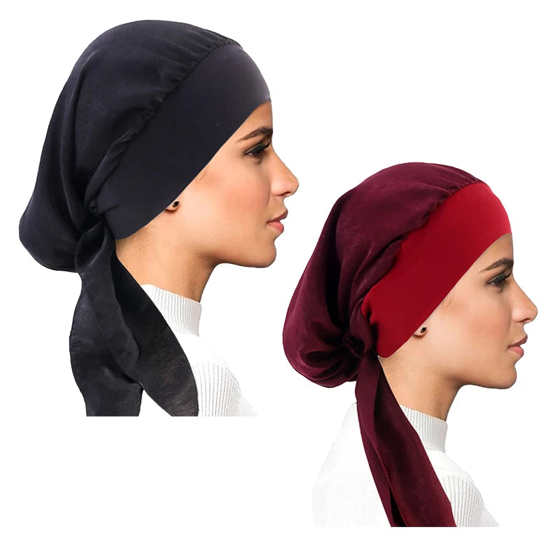 2PCS/LOT Women Muslim Pre-Tied Turban Cap Headscarf Hijab Chemo Hat Hair Loss Headscarf Wrap Strech Bandana Hair Accessories
