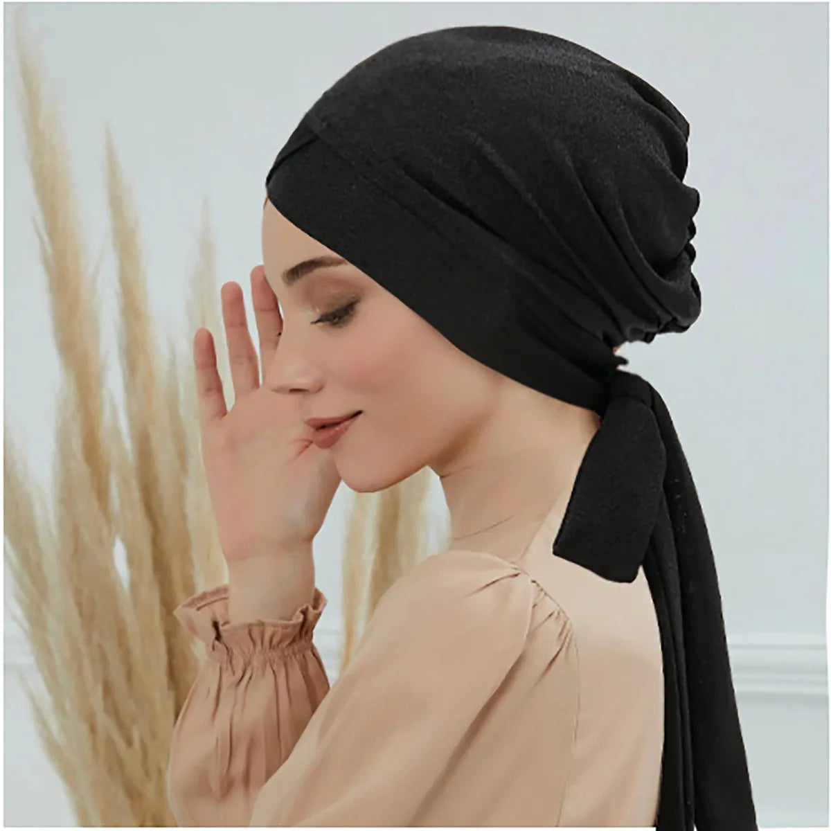 Crossed Forehead Women's Hijab Solid Color Muslim Ladies Turban Bonnet Long Tail Head Wrap Head Scarf Indian Hats