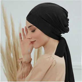 Crossed Forehead Women's Hijab Solid Color Muslim Ladies Turban Bonnet Long Tail Head Wrap Head Scarf Indian Hats