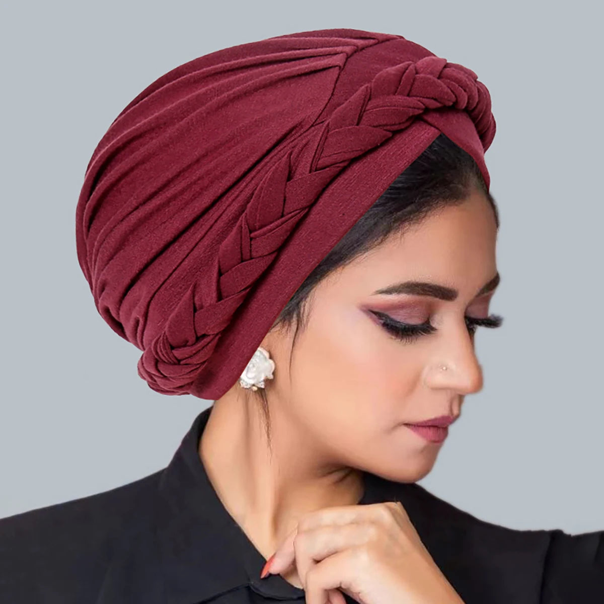 Solid Color Braid Muslim Hijab Caps Crossed Forehead Women Wrap Head Soft Elastic  Fashion Indian Turban Bonnet